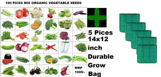 An array of organic vegetable seeds with images of various vegetables and the text indicating 100 pieces and 5 grow bags included. The grow bags are shown as green in color with dimensions provided.