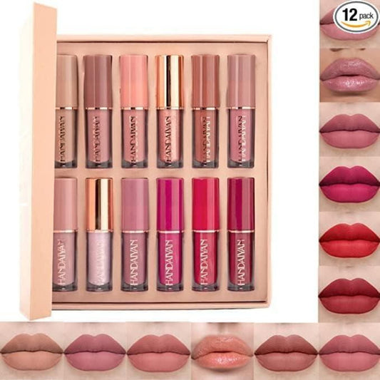 A set of 12 velvet matte liquid lipsticks in various colors, displayed in a box with swatches of the colors shown below.
