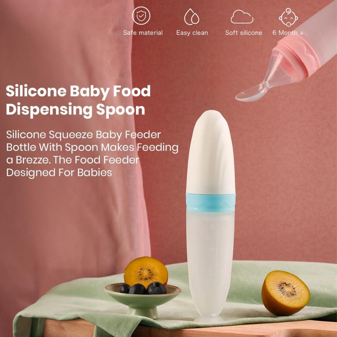 Silicone baby food dispensing spoon with product features on a pink background