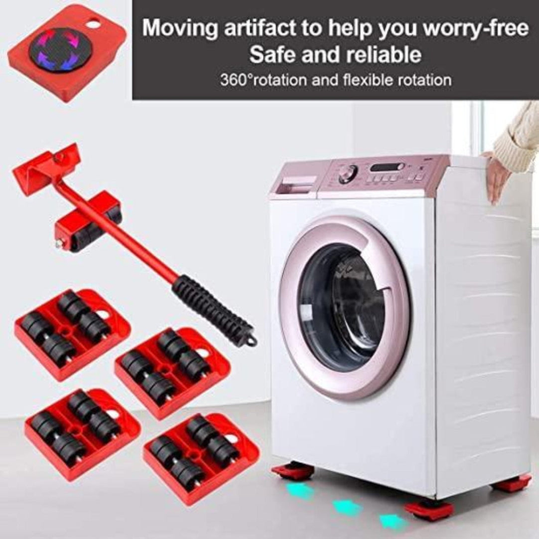 Red moving aid tool with black rollers next to a white washing machine on a light gray background.