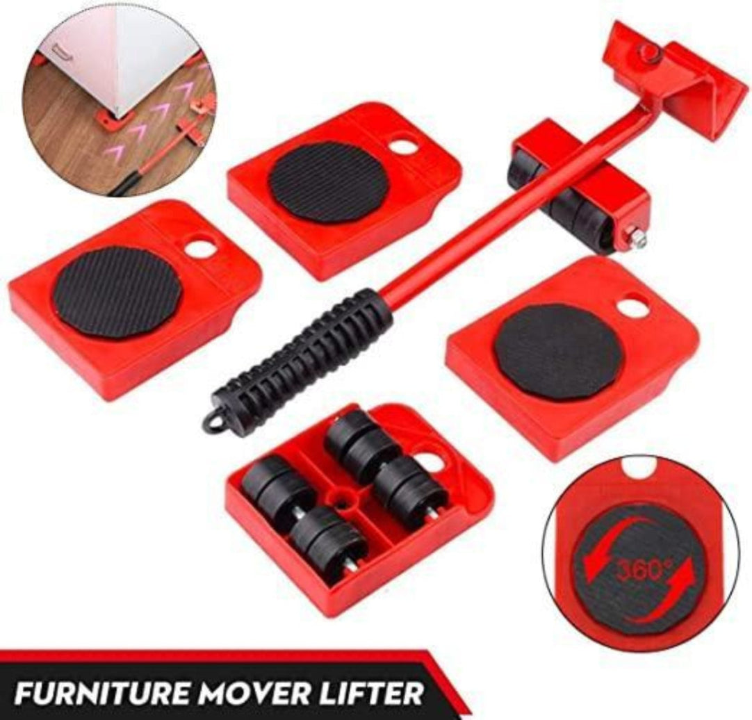 Red furniture mover lifter with black wheels on a white background