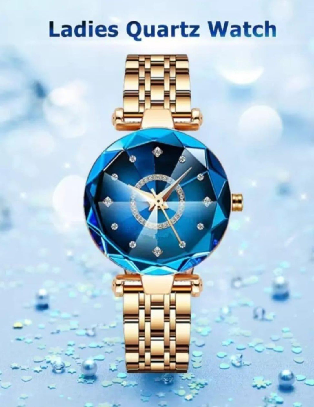 Ladies Quartz Watch with blue gemstone face and gold metal band on a light blue background