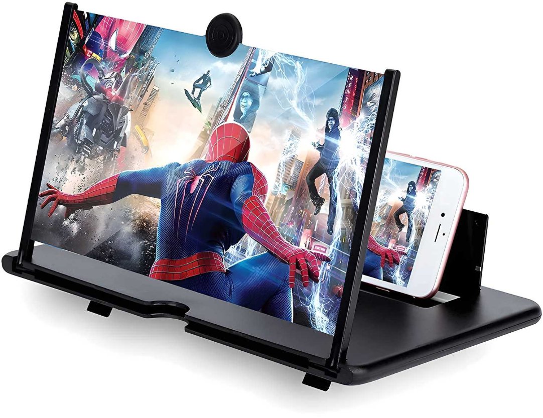 A 7 inch plastic screen expander with a stand and a phone holder, displaying a magnified image of a smartphone screen showcasing a colorful graphic application.