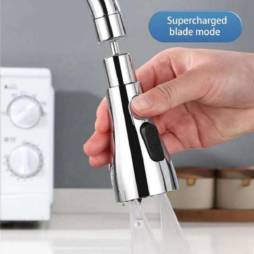 Hand holding a metallic kitchen faucet with water flowing, labeled 'Supercharged blade mode'.