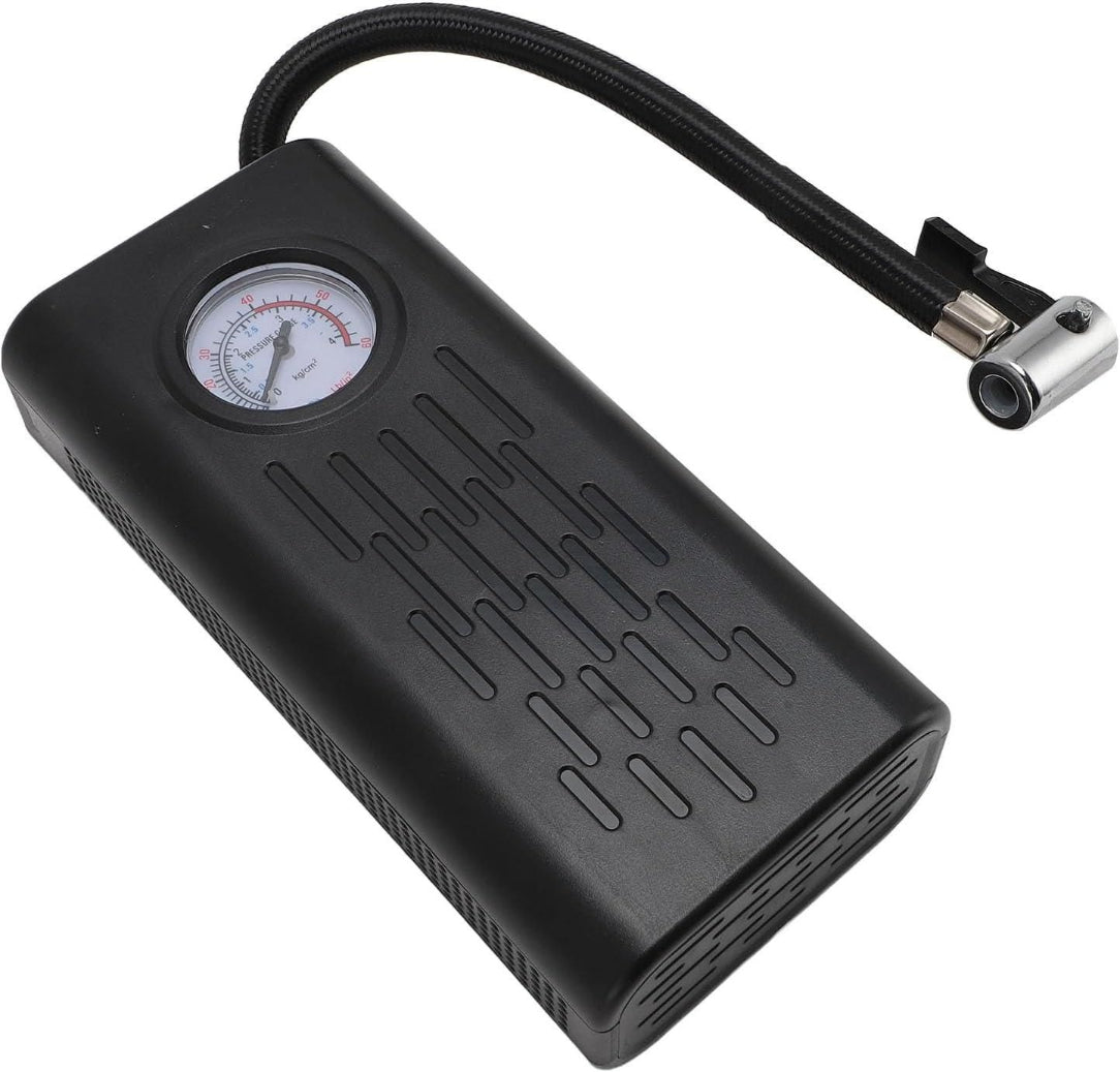 Black portable air compressor with a pressure gauge on a white background