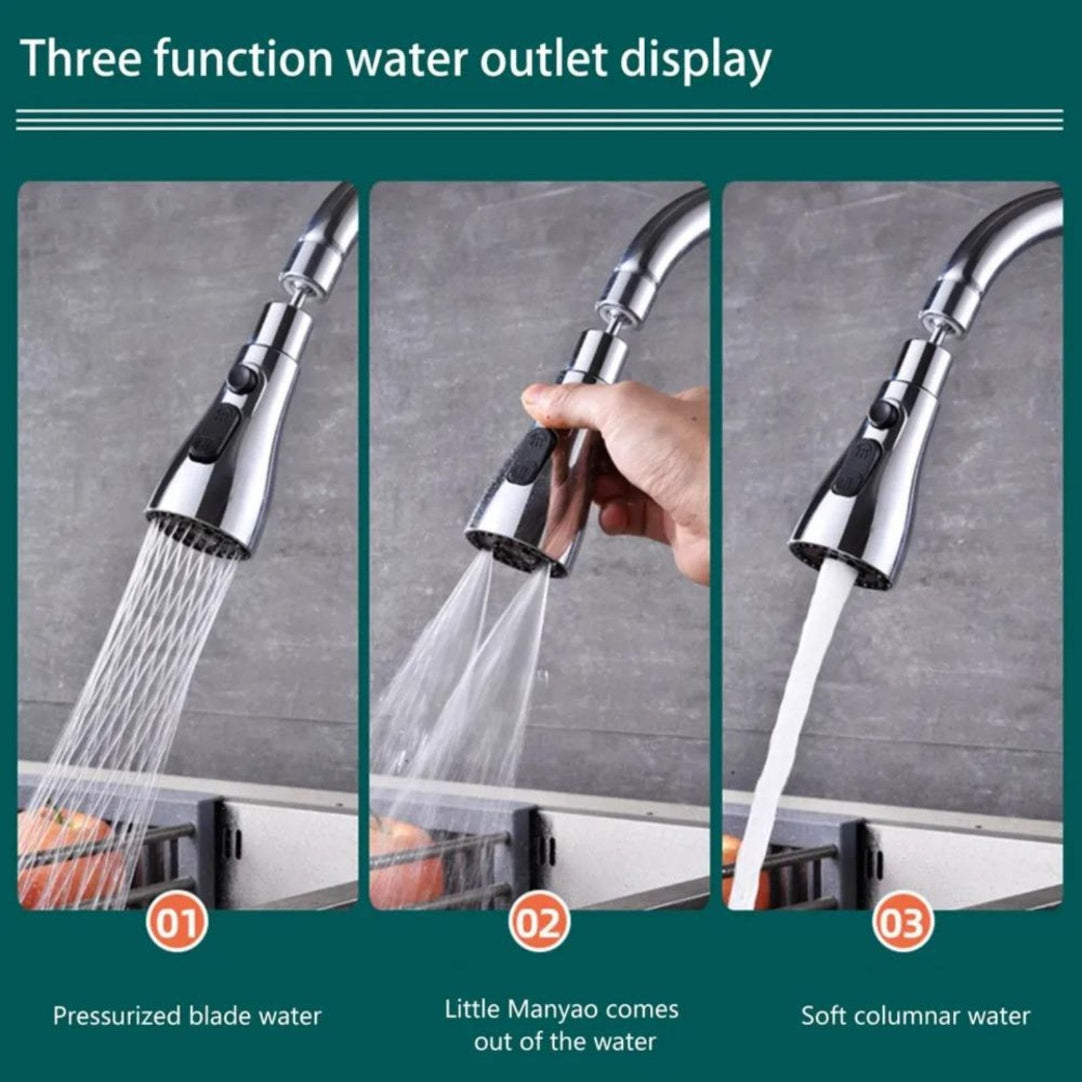Three function water outlet display with a hand holding a faucet.
