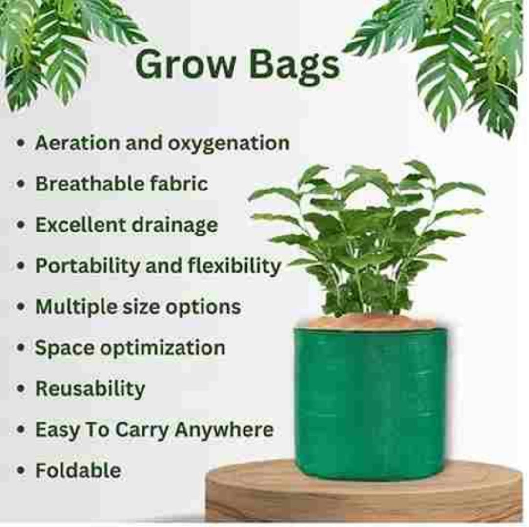 Green grow bag with a plant on a wooden surface, surrounded by text listing benefits of grow bags.