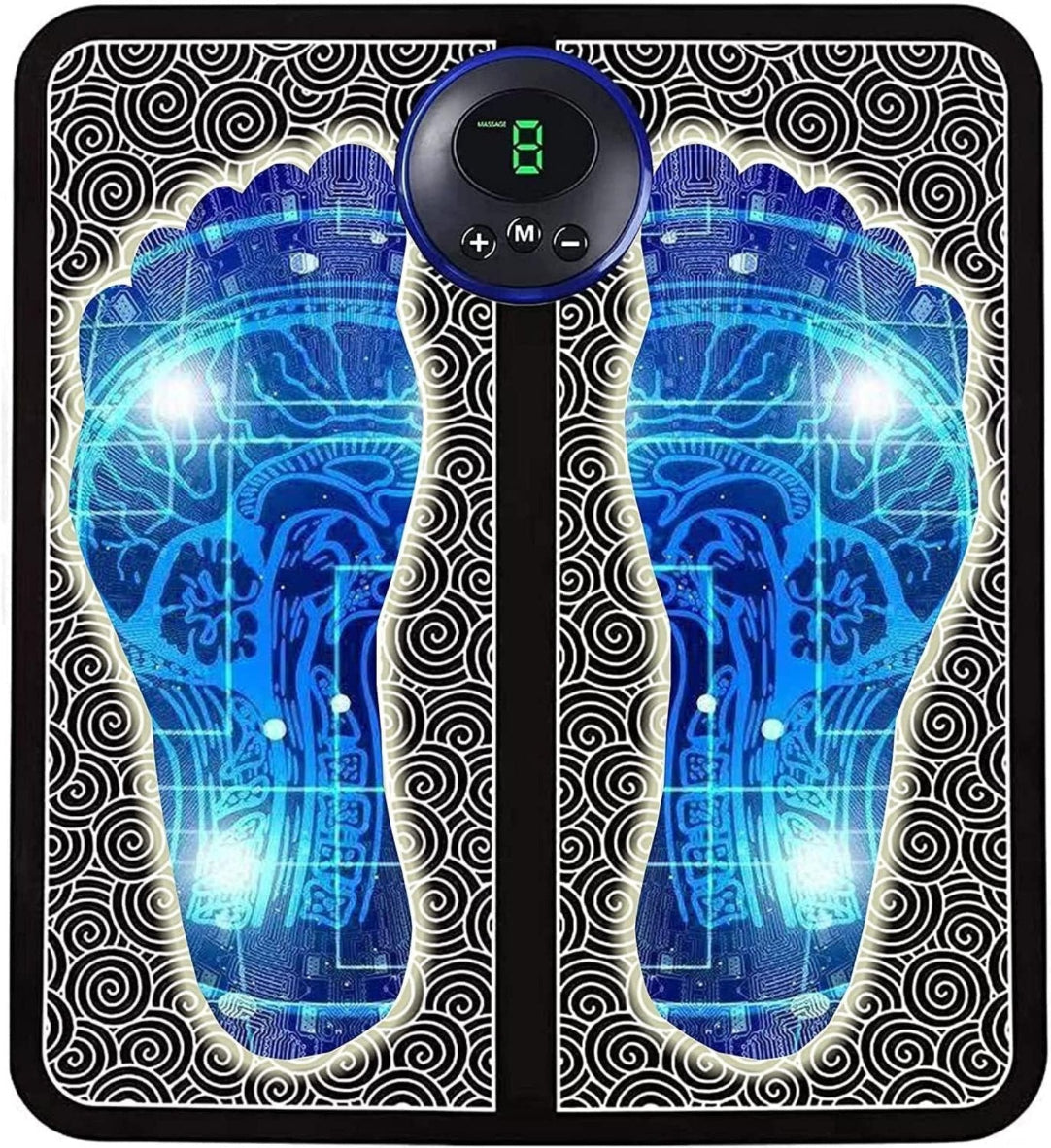 A foot massager pad with a vibrating bubble pattern in blue color.
