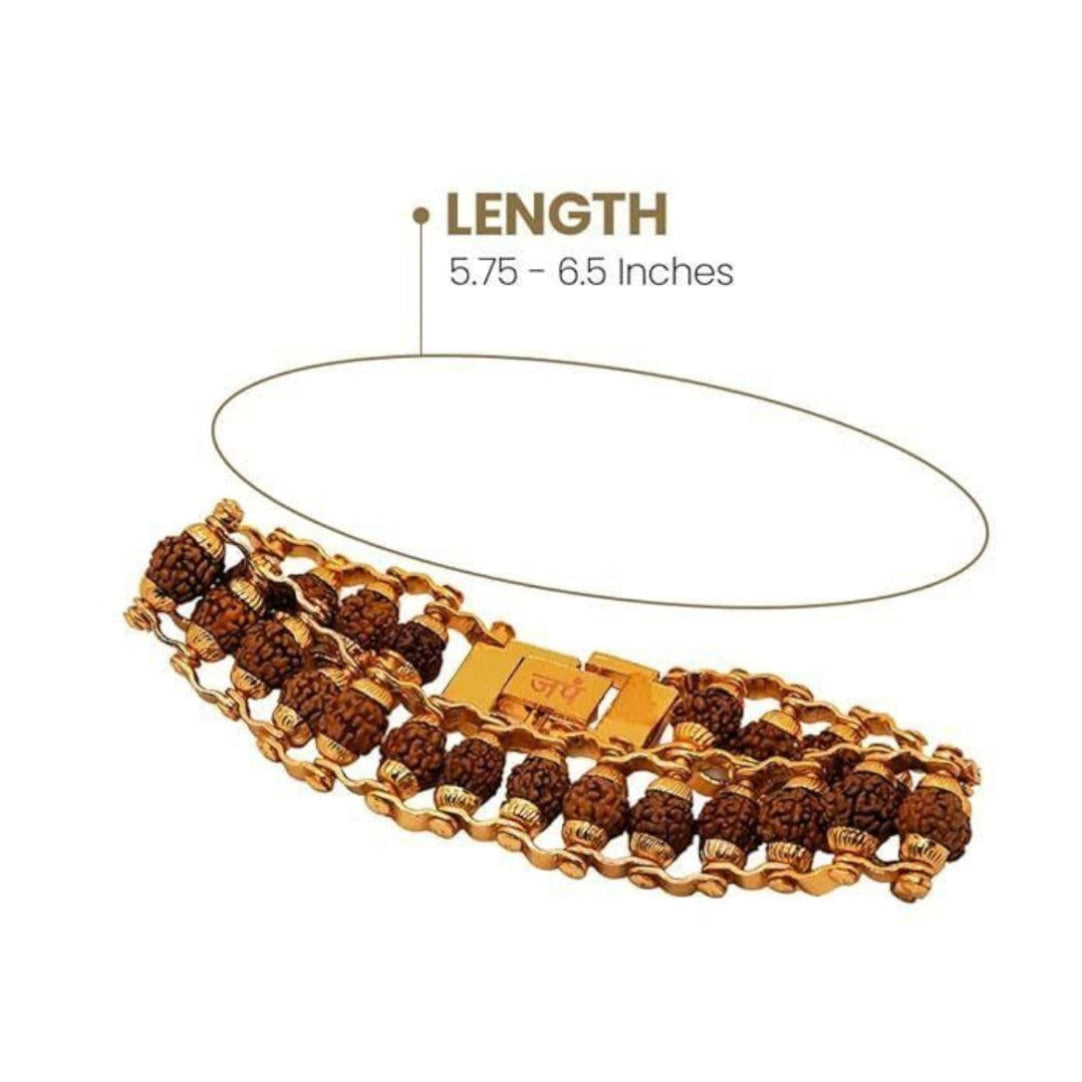 Gold and brown bracelet with measurement details on a white background