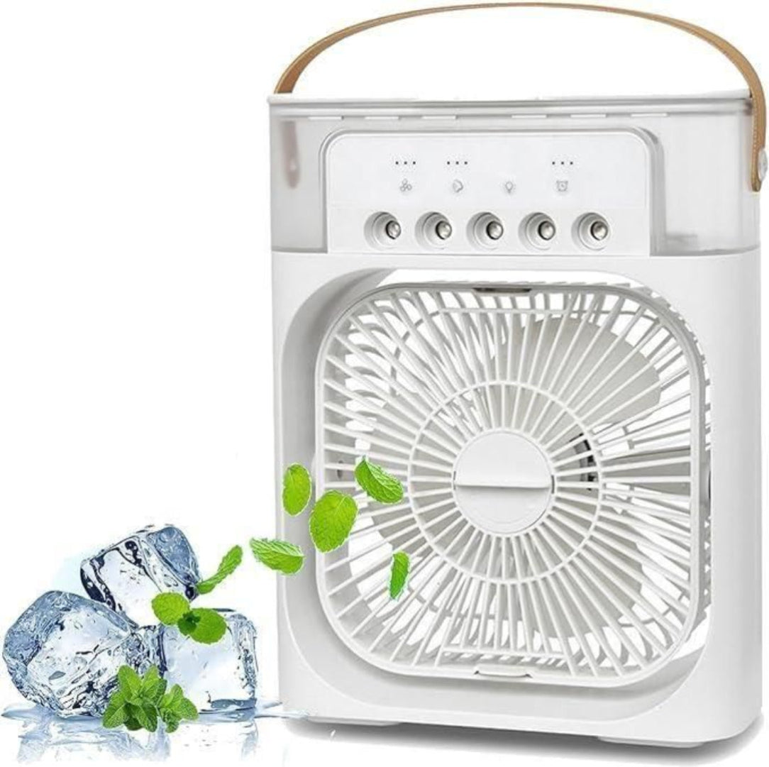 Portable fan with ice cubes and mint leaves on a white background