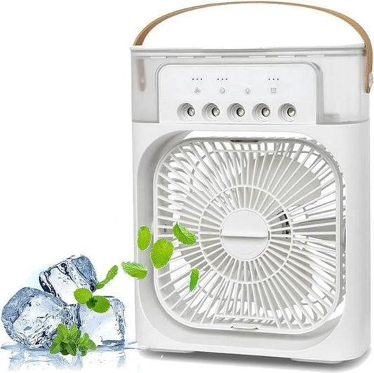 Portable fan with ice cubes and mint leaves on a white background