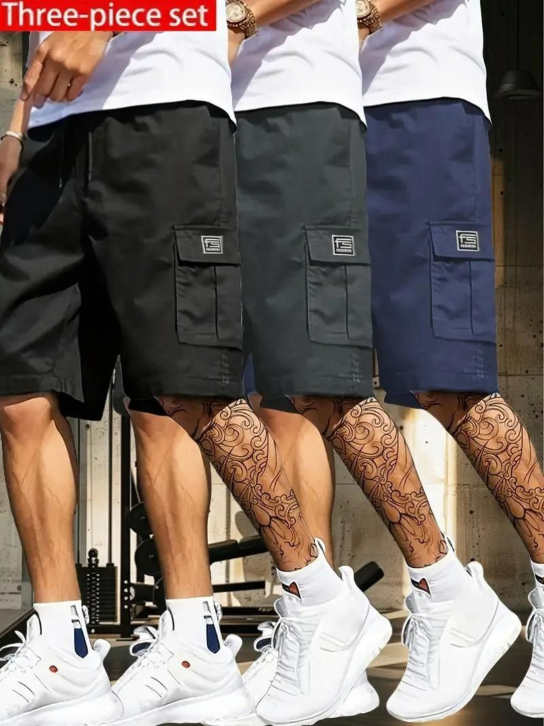 Three pairs of cargo shorts in black, green, and blue displayed side by side.