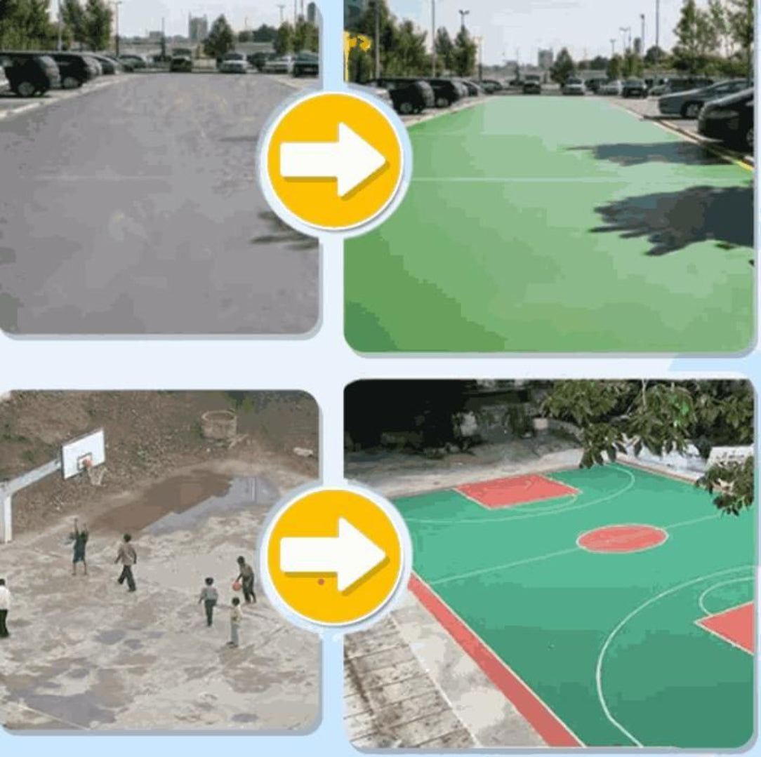 Collage of a parking lot, green sports field, and basketball court with children playing.