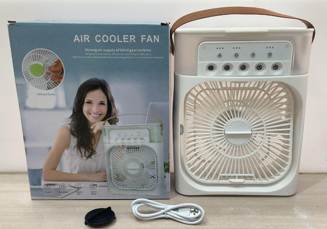 Portable air cooler fan with packaging on a wooden surface