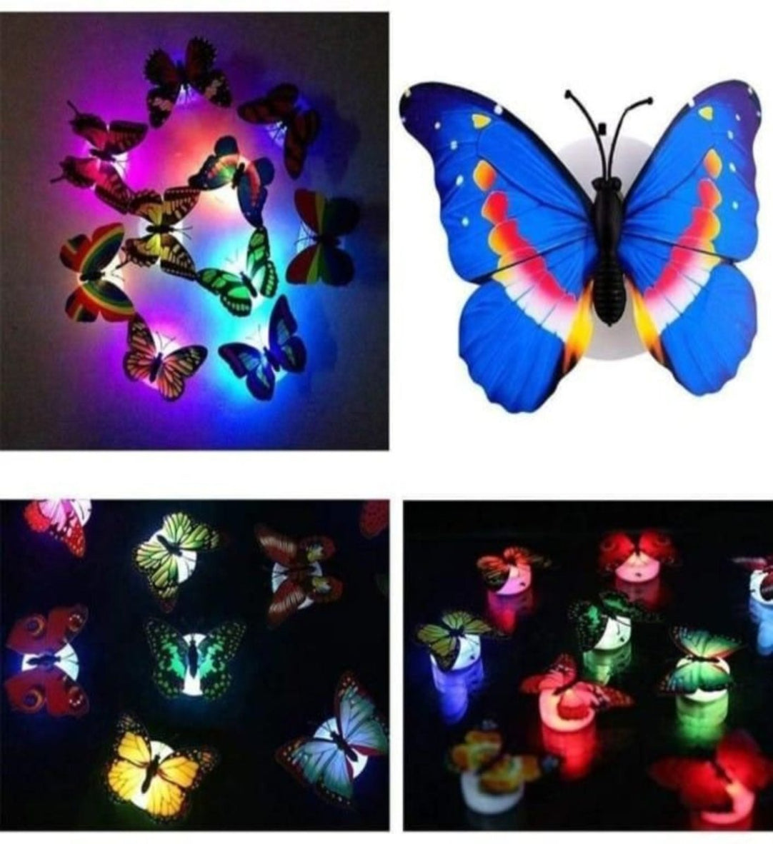 Colorful butterfly lights in various poses on a dark background