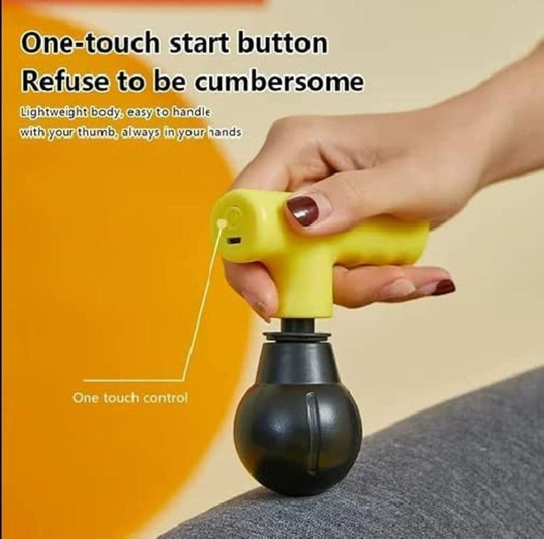 Hand holding a yellow and black balloon pump with text about one-touch start button.