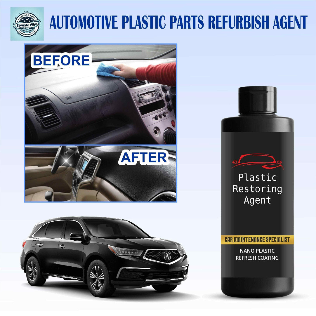 Automotive plastic parts refurbish agent with 'Before' and 'After' images of car interior cleaning, and a bottle labeled 'Plastic Restoring Agent'.