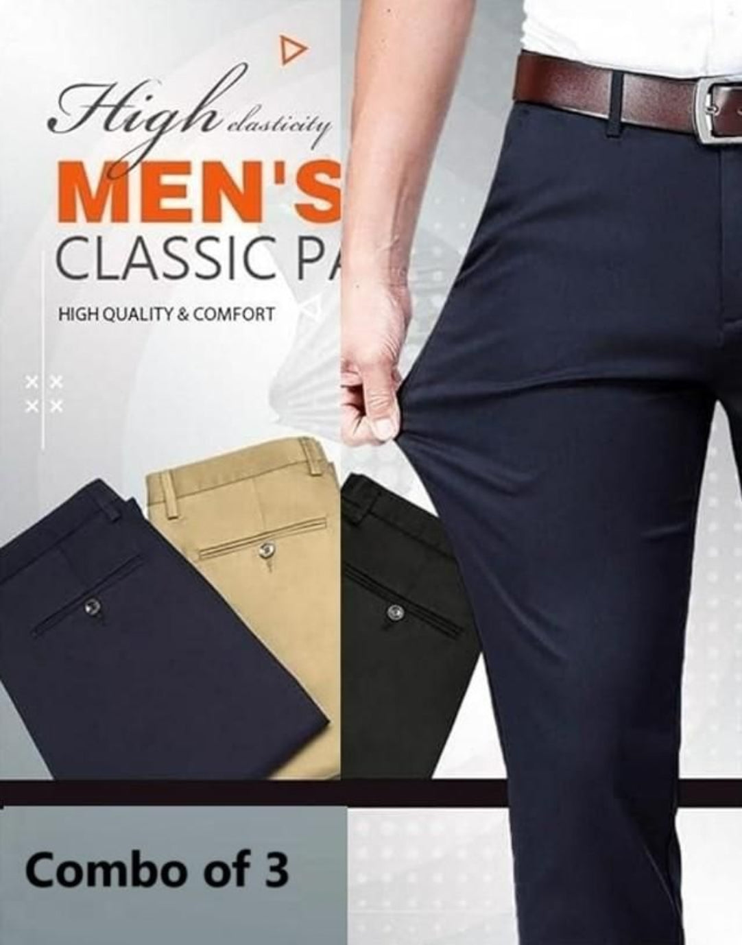 Men's classic pants with a focus on high dexterity, quality, and comfort, featuring navy, beige, and black options.