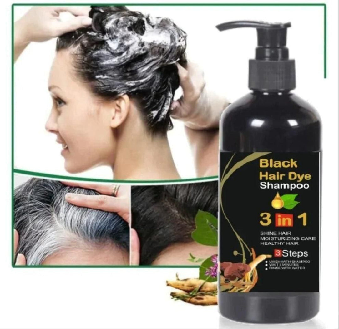 Black hair dye shampoo bottle with usage instructions and images of hair application.