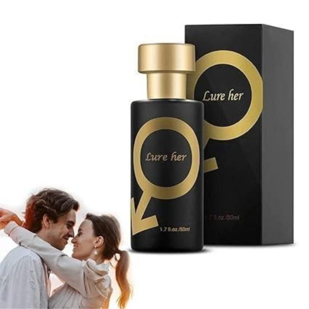 Perfume bottle and packaging labeled 'Lure her' with a couple embracing in the background.