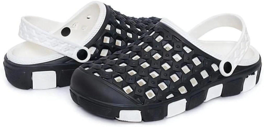 Black and white clogs on a light gray background