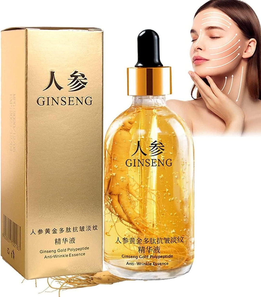 Ginseng skincare product with packaging and a woman applying it.
