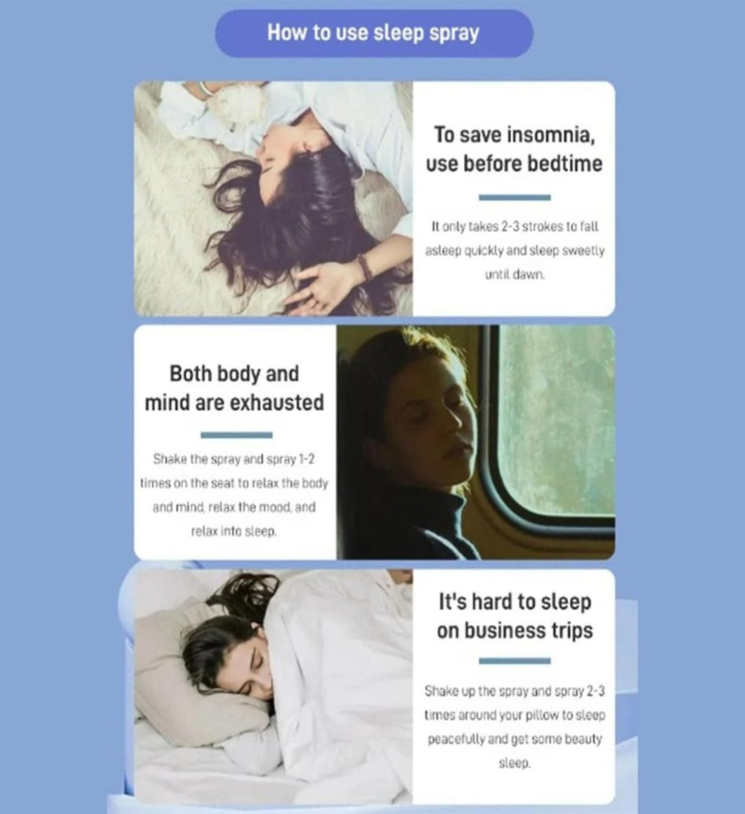 Instructions on how to use sleep spray for various sleep-related issues with a blue background.