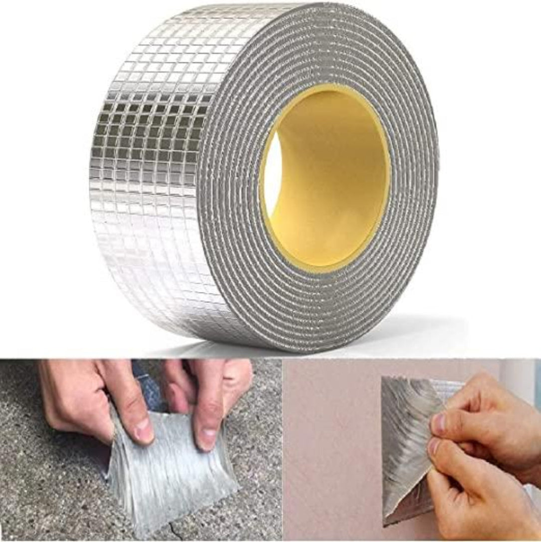 Roll of silver reflective tape with examples of application on a white background