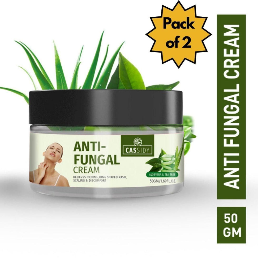 Packaging of CASSIDY Anti-Fungal Cream with aloe vera leaves in the background, indicating aloe vera as an ingredient and a 50 gm weight specification.