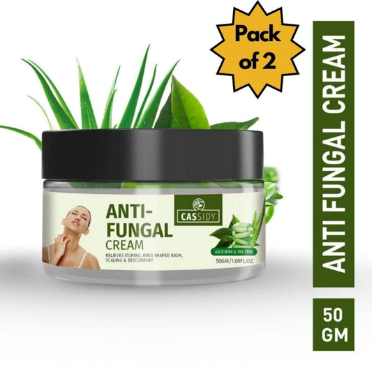 Packaging of CASSIDY Anti-Fungal Cream with aloe vera leaves in the background, indicating aloe vera as an ingredient and a 50 gm weight specification.
