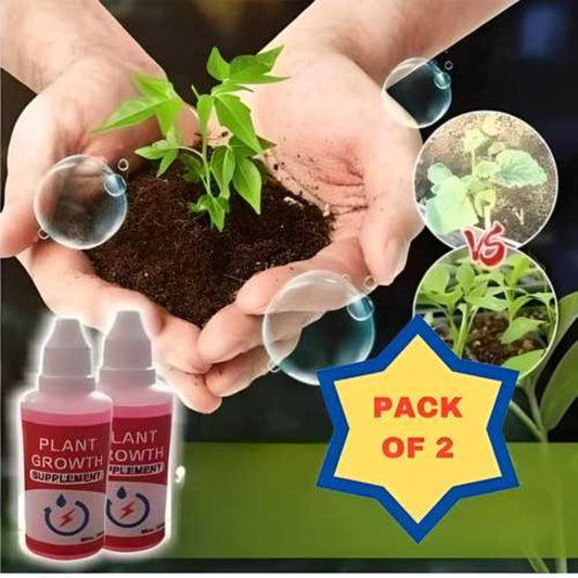 The image shows two bottles labeled 'Plant Growth Enhancer Supplement', with a 'Pack of 2' promotional label. In the background, there are plants growing, suggesting the use of the product.