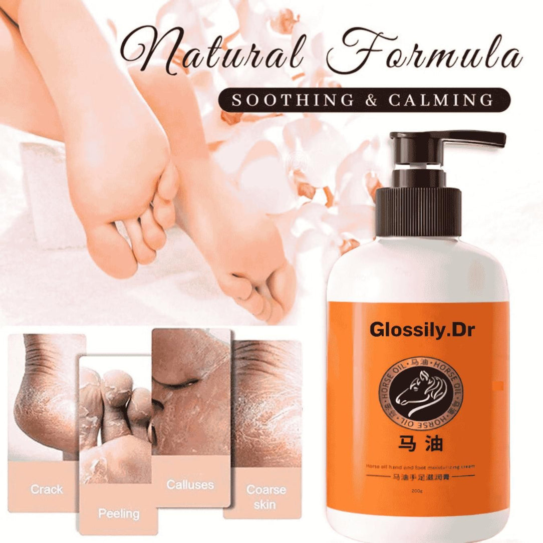 Glossily Dr skincare product with a bottle and images of feet and skin conditions.