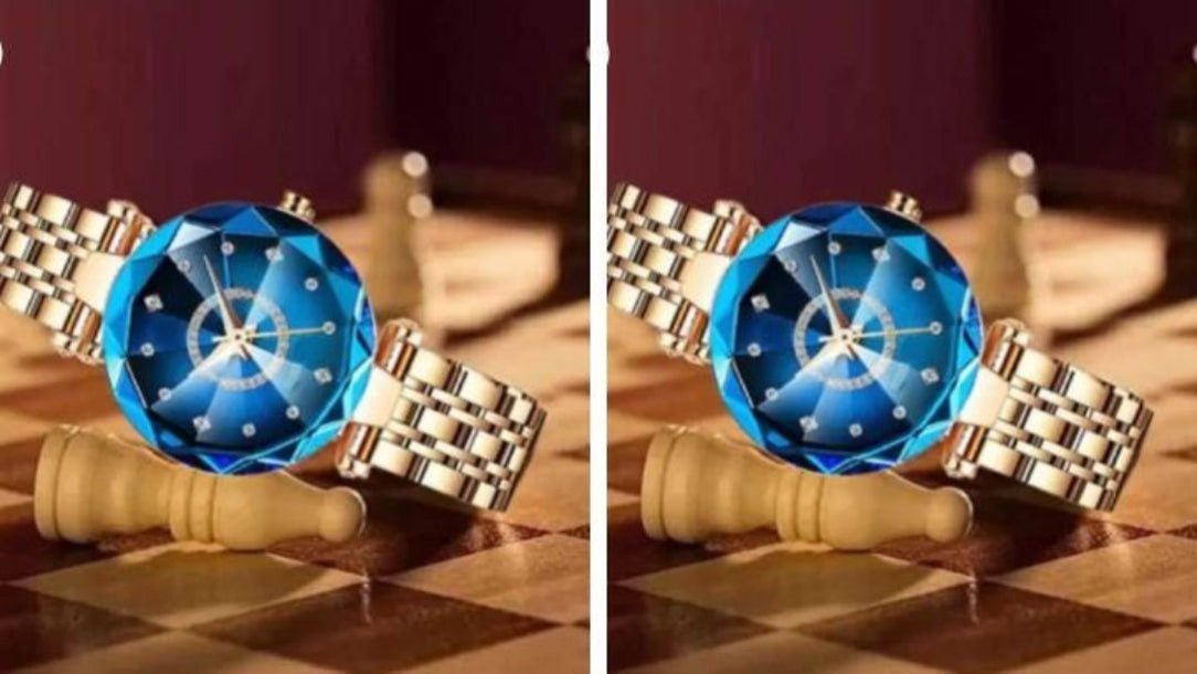 Two views of a watch with a blue face and gold metal band on a checkered surface.