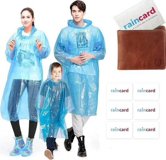 Family wearing blue rain ponchos with a wallet and 'raincard' branding.