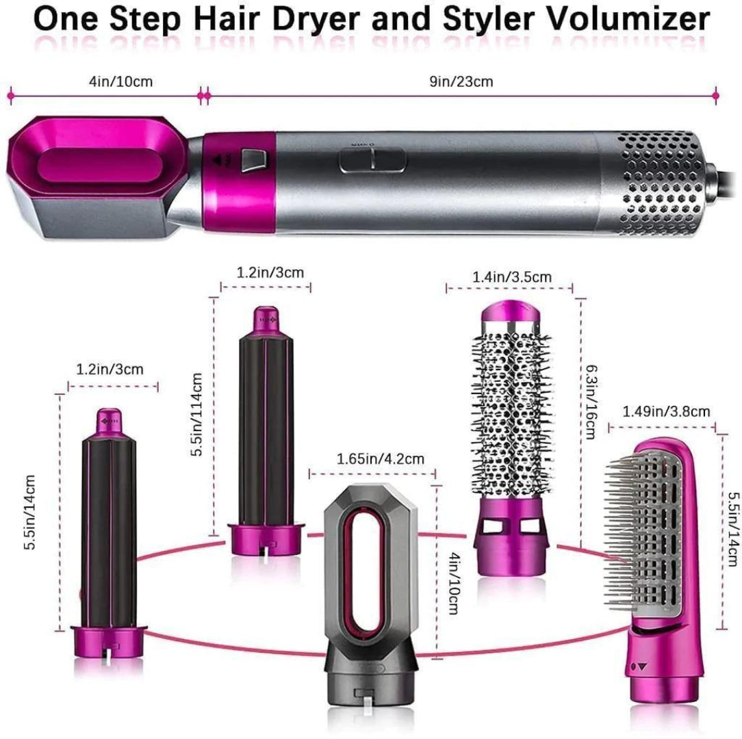 One Step Hair Dryer and Styler Volumizer with interchangeable nozzles and dimensions shown.