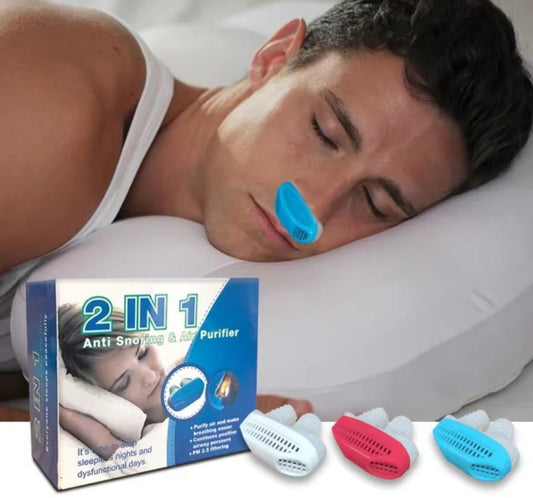 A person lying down wearing a tank top, with an anti-snoring device plugged in their nose. The product's packaging is shown, indicating it is a 2-in-1 snoring stopper with air purifying filter.