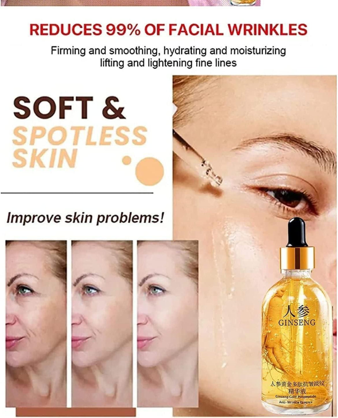 Advertisement for skincare product with text and images of a dropper bottle labeled 'Ginseng'.