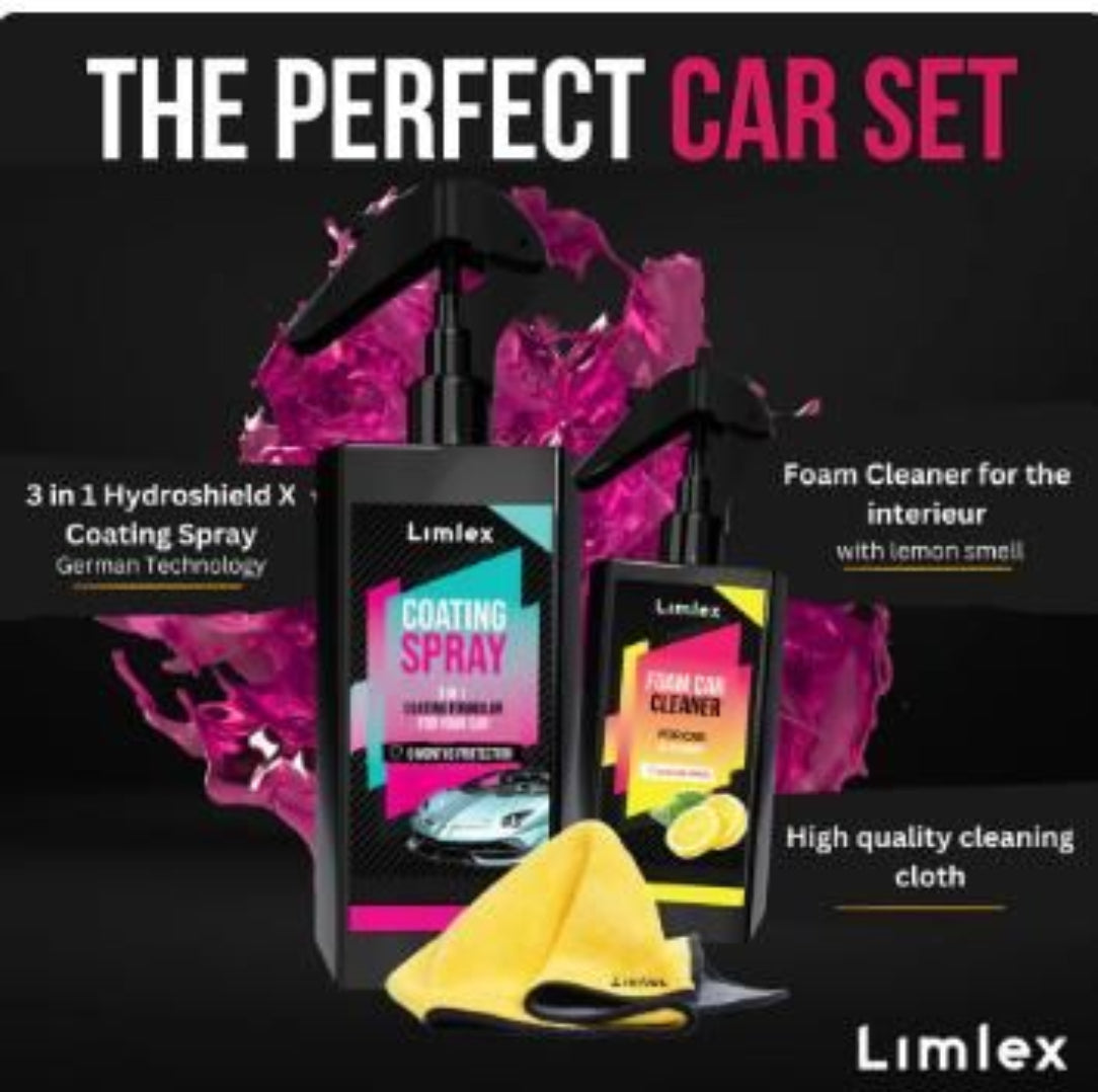 Car care set with coating spray, cleaner, and cleaning cloth on a dark background.