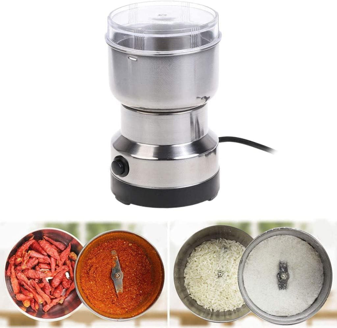 Electric spice grinder with before and after use images on a white background
