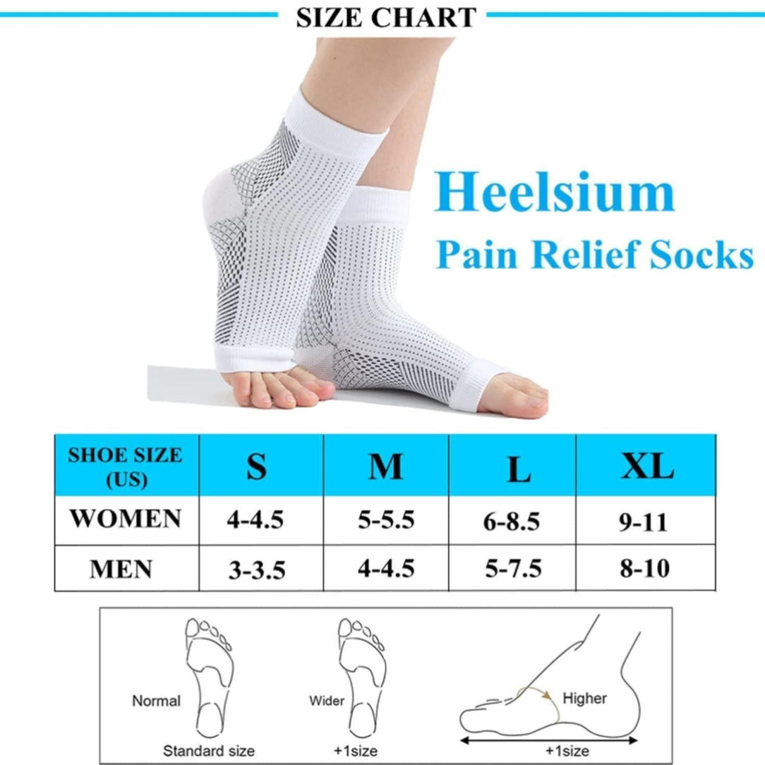 Size chart for Heelsium Pain Relief Socks with a foot wearing a sock and a table showing size correspondences.
