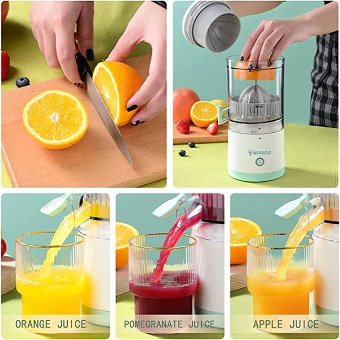 Collage of a person using a manual juicer to make orange, pomegranate, and apple juice.