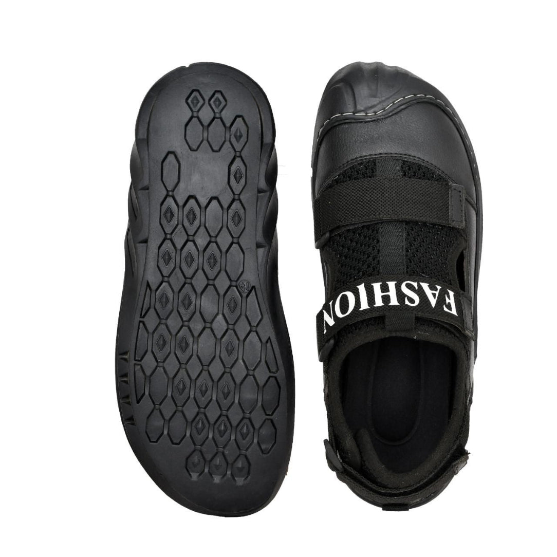 Black sandal with 'Fashion' branding on a white background