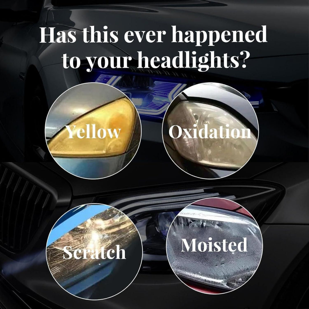 Car headlights with issues labeled as yellow, oxidation, scratch, and moistened.