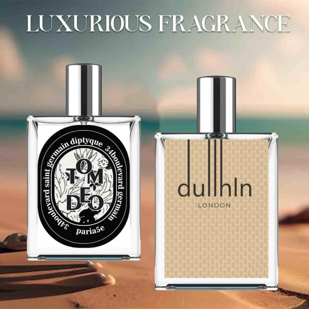 Two bottles of luxurious perfume, one with a dark label and the other with a light beige label, both on a sandy beach background with the text 'LUXURIOUS FRAGRANCE' visible.