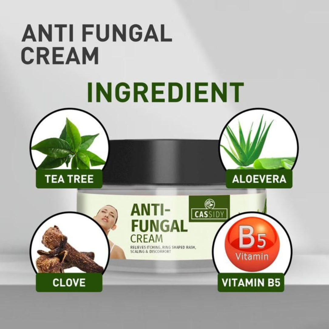 Anti-fungal cream jar with ingredients listed on a gray background
