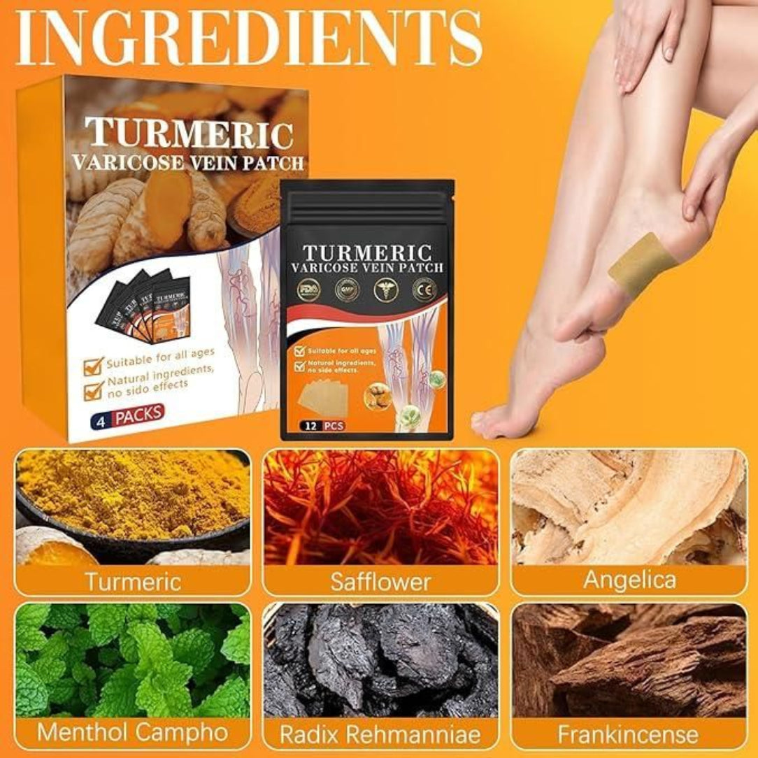 Turmeric varicose vein patches with ingredients displayed on an orange background