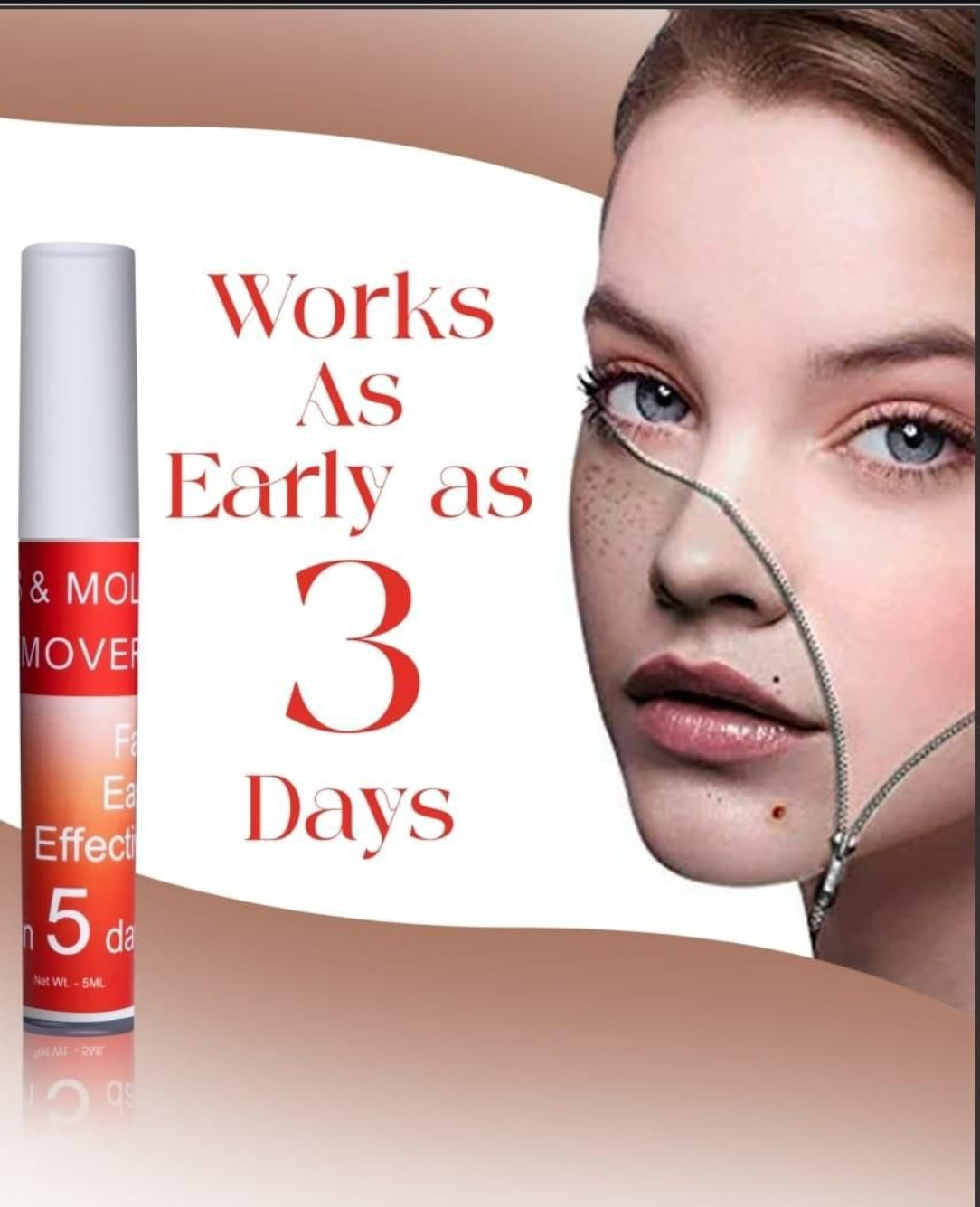 Product advertisement with a woman's face and text indicating effectiveness in 3 days.