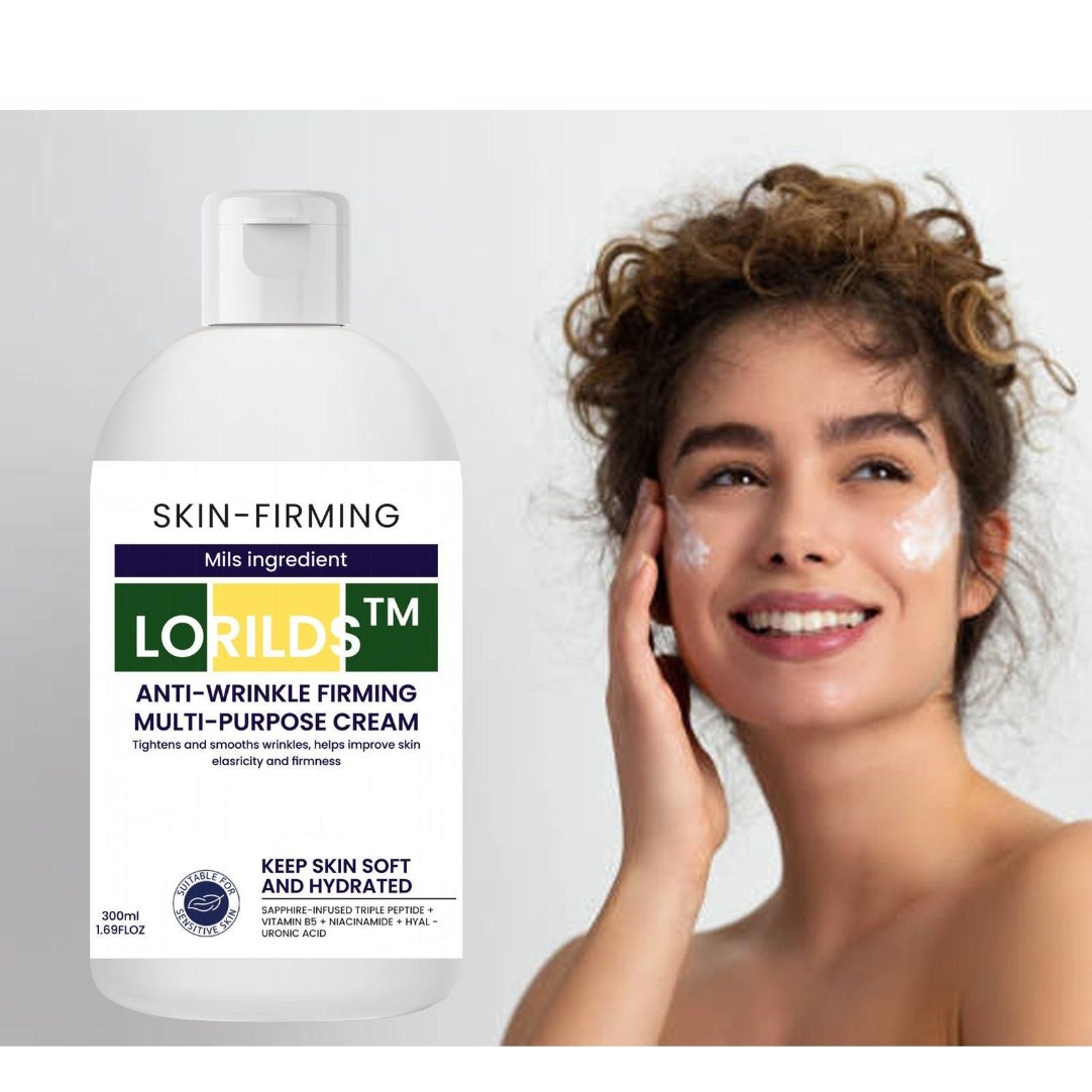 A woman with a smiling expression, applying a white cream on her face. The cream bottle with branding is also visible in the image.