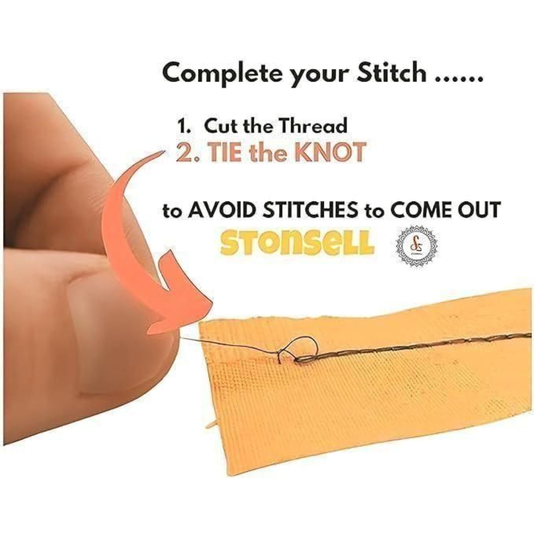Stonesell advertisement showing a close-up of stitching with text on how to avoid stitches coming out.