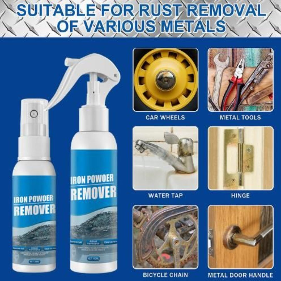 The image shows a Car Rust Remover Spray bottle with a graphic indicating its use for removing rust from various metal surfaces such as car wheels, metal tools, water taps, bicycle chains, and metal door handles.